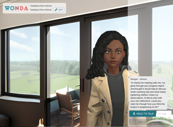 A virtual advisor stands in a modern office with large windows overlooking a green landscape. A dialogue box shows the advisor asking for reflections on a project’s progress, with interface buttons for talking and ending the conversation.